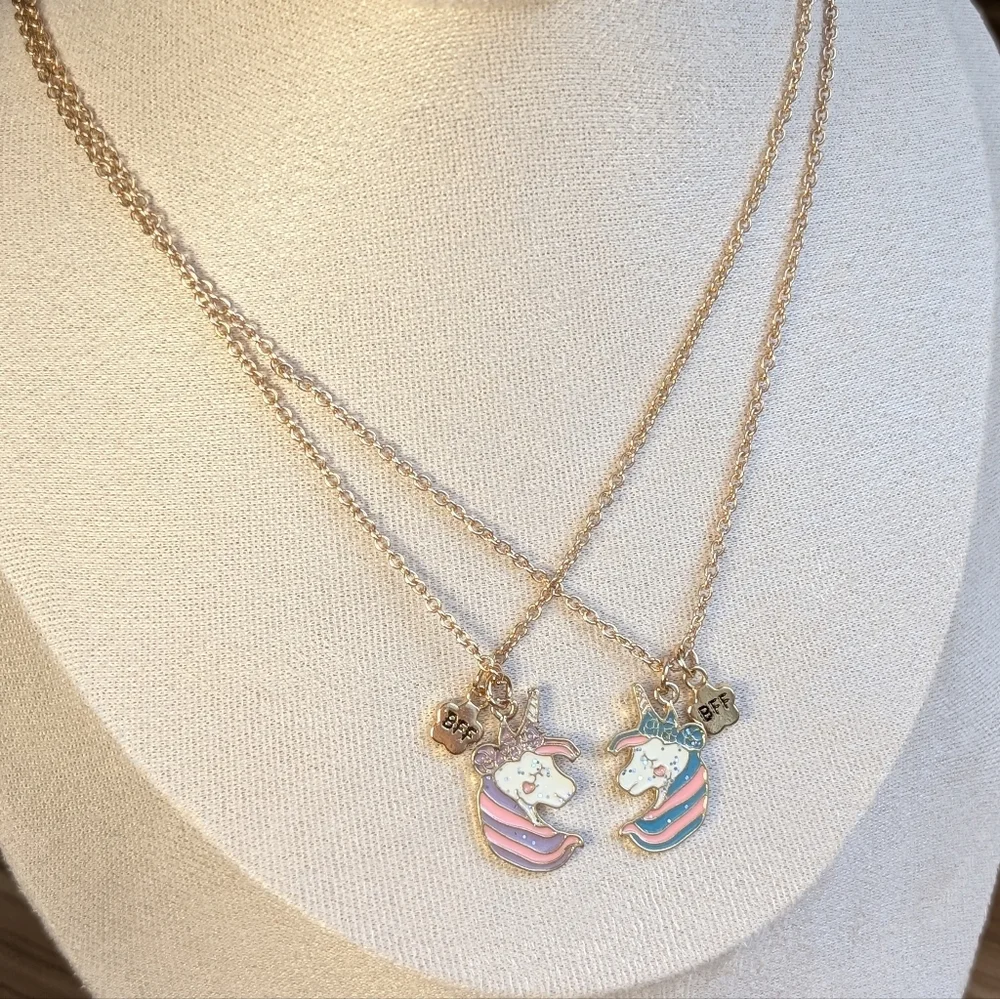 BFF Unicorn pony necklace set pastel rainbow gold tone gift pink purple blue